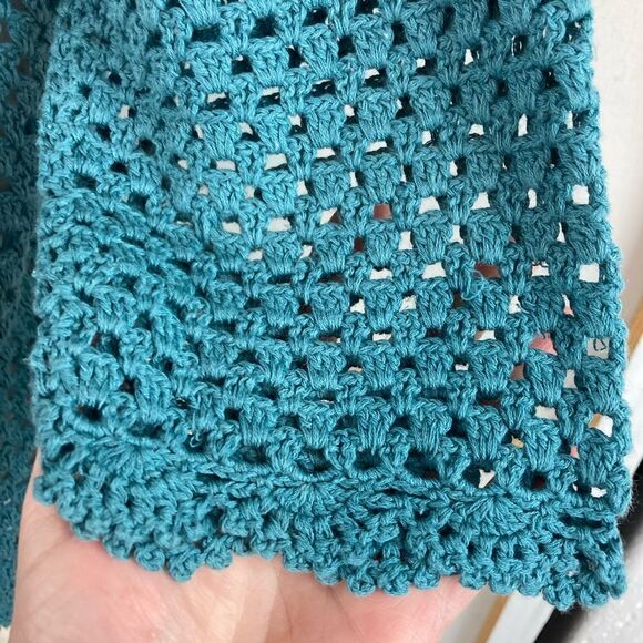 Norm Thompson linen blend crochet short sleeved one button sweater scalloped🌺 - Picture 4 of 8